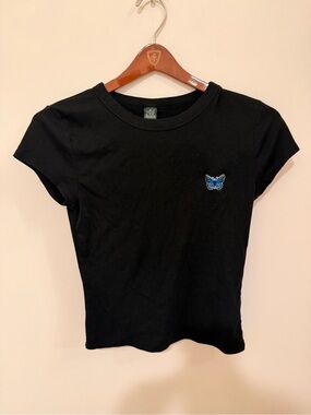 wild fable Black Tee with Blue Butterfly Patch Size M